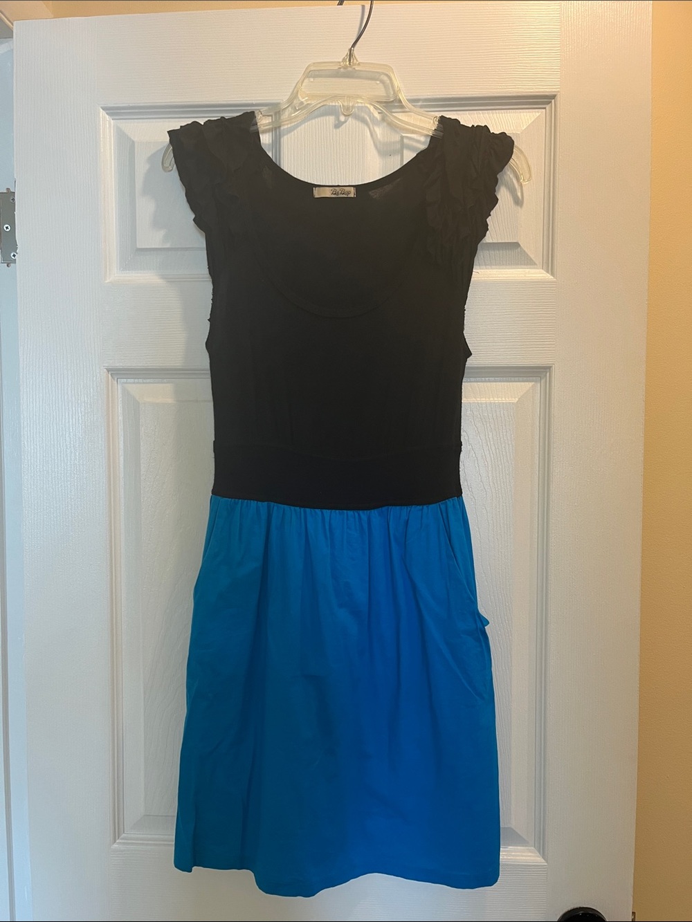 Two-Tone Black and Blue Ruffle Sleeve Mini Dress